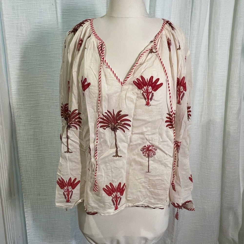 Antik Batik Cream Peasant Blouse with Red Palm Motif